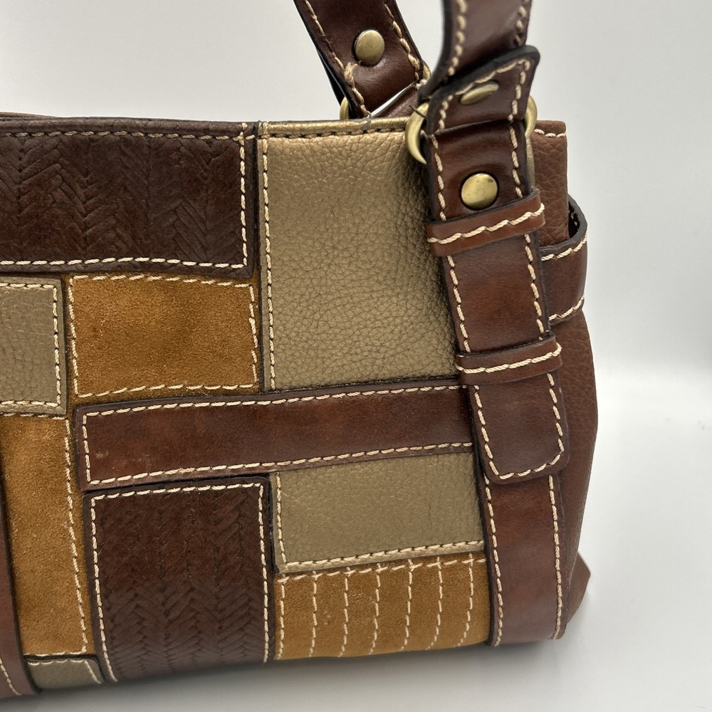 Vtg Y2K Relic Brown Faux Leather Patchwork Tote Hand Bag Purse Boho Colorblock - Picture 3 of 13